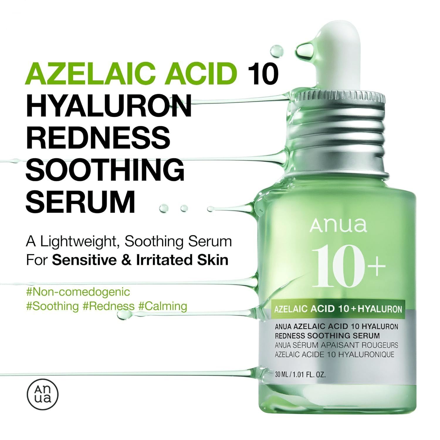 Anua 10+ Azelaic Acid 10 + Hyaluron Serum. Hydrates, Treats & Calms Acne, Rosacea, Soothes Redness & Irritations, Fades Acne Marks, Hyperpigmentations, Spots, Smooths, Soften, Evens skin tone & Glows