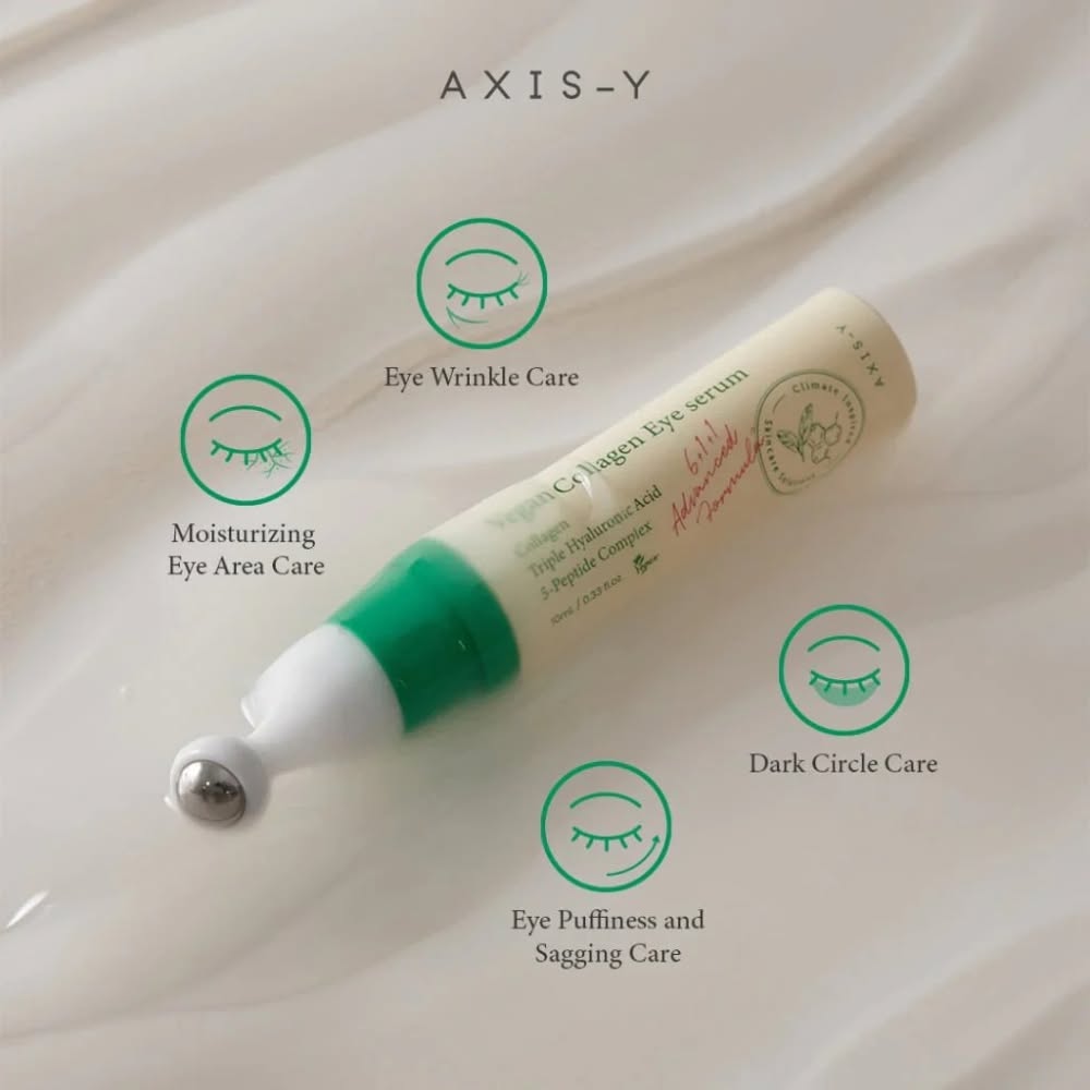 Axis Y Vegan Collagen Eye Serum. Moisturizes, Removes under-eye sagging, swelling, dark circles, eye wrinkles, puffiness, eye bags, brightens, smooths, softens and firms the eye area