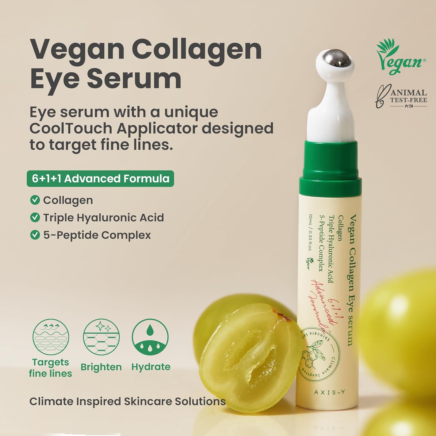 Axis Y Vegan Collagen Eye Serum. Moisturizes, Removes under-eye sagging, swelling, dark circles, eye wrinkles, puffiness, eye bags, brightens, smooths, softens and firms the eye area