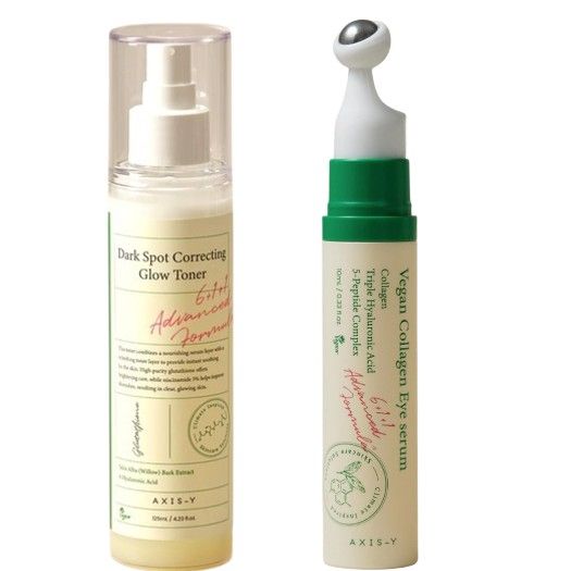AXIS-Y Vegan Collagen Eye Serum + Dark Spot Correcting Glow Toner. Moisturizes, Removes Under-eye Sagging, Swelling, Dark Circles, Eye Wrinkles, Puffiness, Eye Bags, Dark Spots, Brightens, Glows. Even