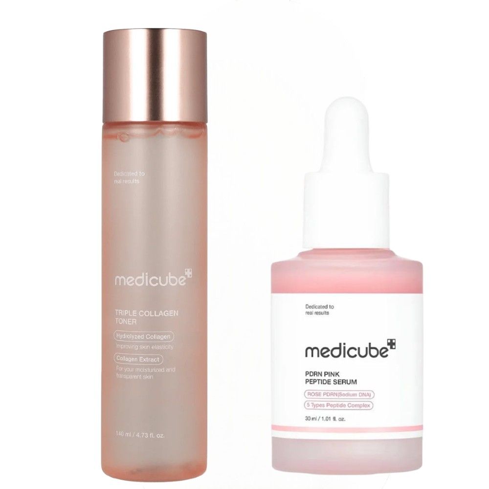 Medicube Triple Collagen Toner With Niacinamide + PDRN Pink Peptide Glow Serum. Moisturizes, Gives A Glass Skin Glow, Fades Dark Spots, Wrinkles, Smooths, Brightens, Refines The Skin, Plumps, Firms
