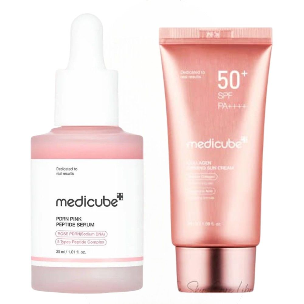 Medicube PDRN Pink Peptide Glow Serum With Niacinamide + Collagen Firming Sun Cream Sunscreen SPF 50+. Moisturizes, Offers UV Sun Protection, Firms, Glows, Brightens, Fades Dark Spots, Wrinkles, Firms