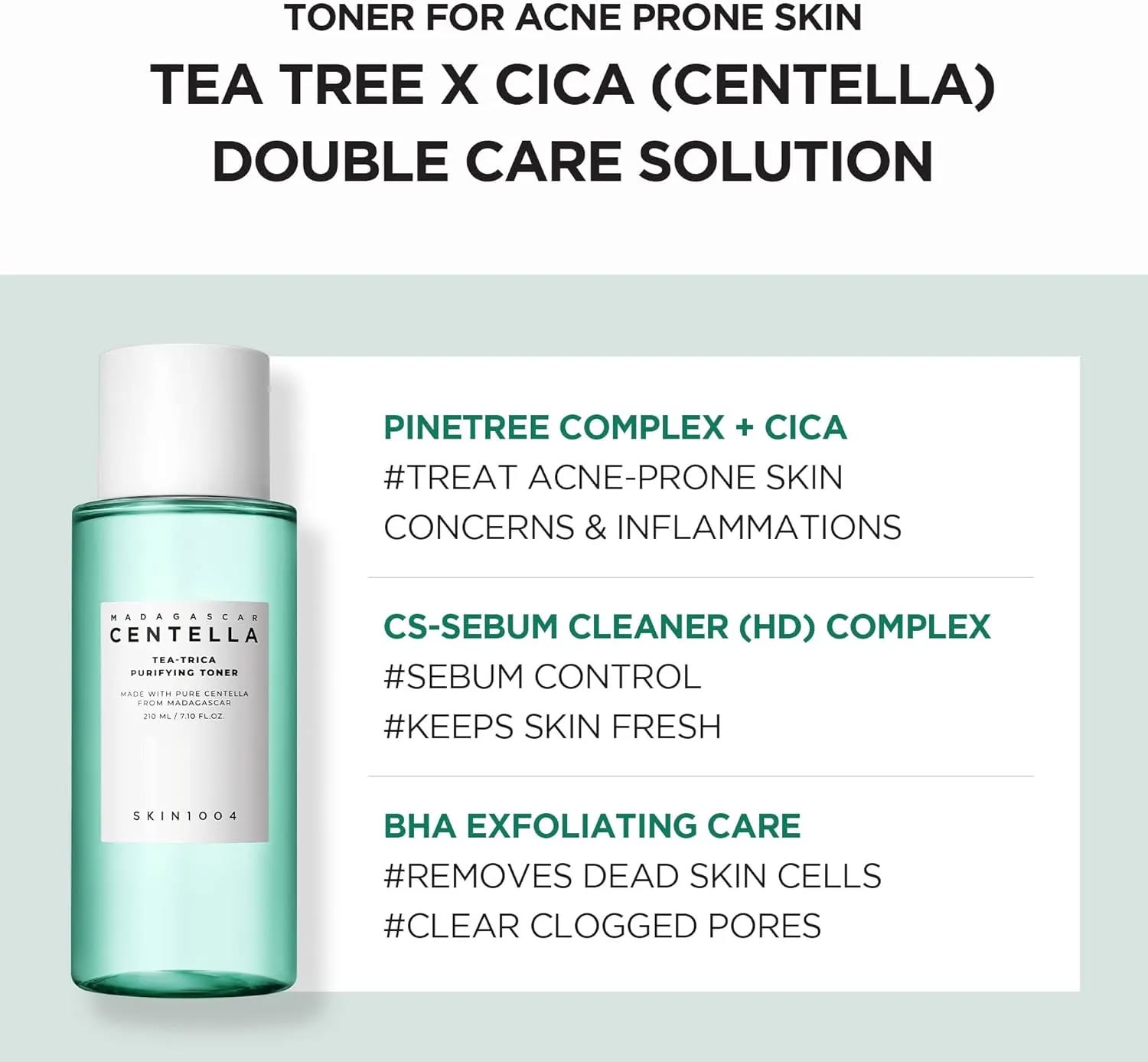 SKIN1004 Madagascar Centella Tea-Trica Purifying Toner with Salicylic Acid. Treats Acne, Breakouts, Cleans pores, reduces inflammation, Redness, Glows, Exfoliates, Soothes Irritation & Regulates Sebum