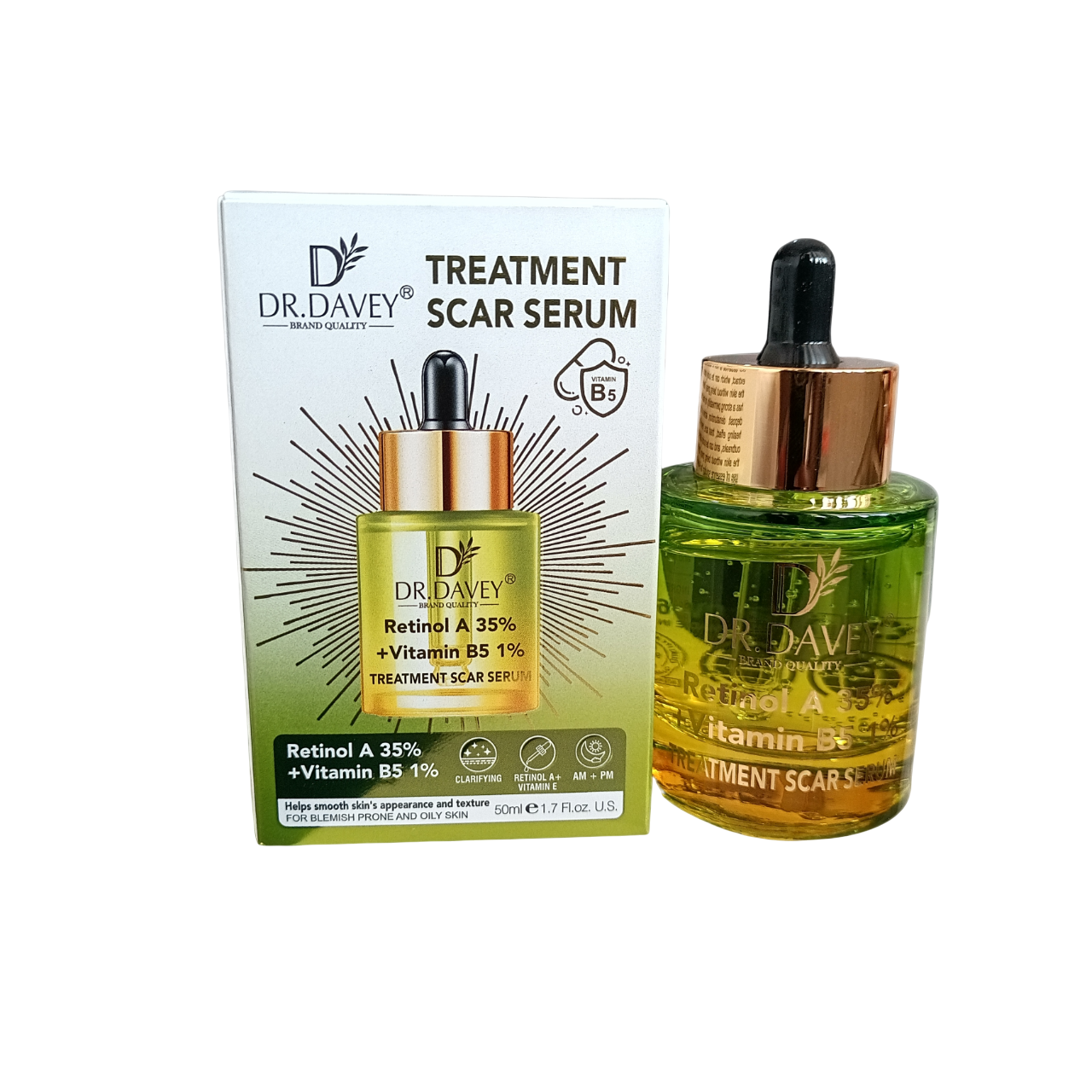 Dr. Davey Retinol A 35% + Vitamin B5 1% SCAR Treatment Serum. Treats Acne, Pimples, Prevent Future Breakouts, Soothes Redness, Improve elasticity, Moisturizes & Repairs skin damage