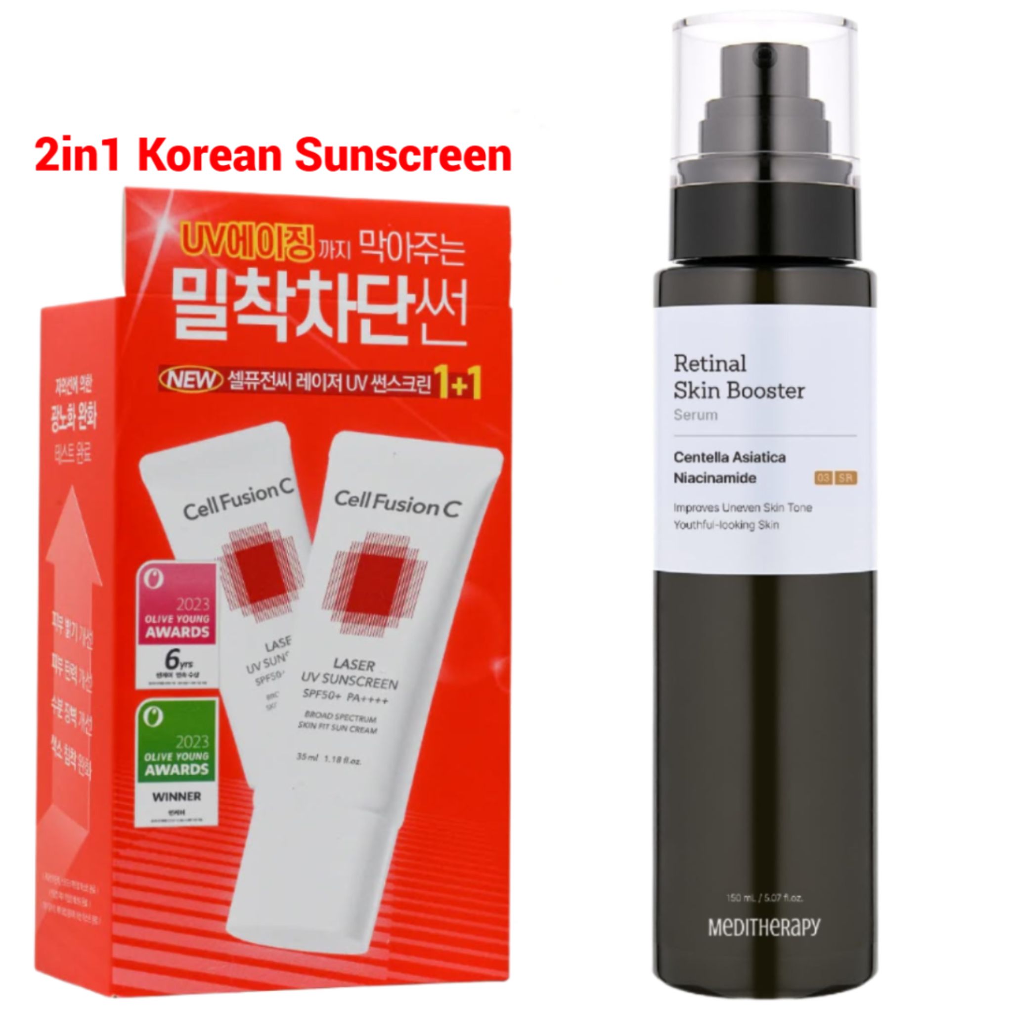 MeDITHeRaPY RETINAL Skin Booster Serum + Cell Fusion C Laser UV 2in1 Sunscreen SPF 50+. Give a Glass Skin Glows, Moisturizes, Removes Wrinkles, Dark Spots, Acne, Sagging, Minimizes Pores, anti aging..