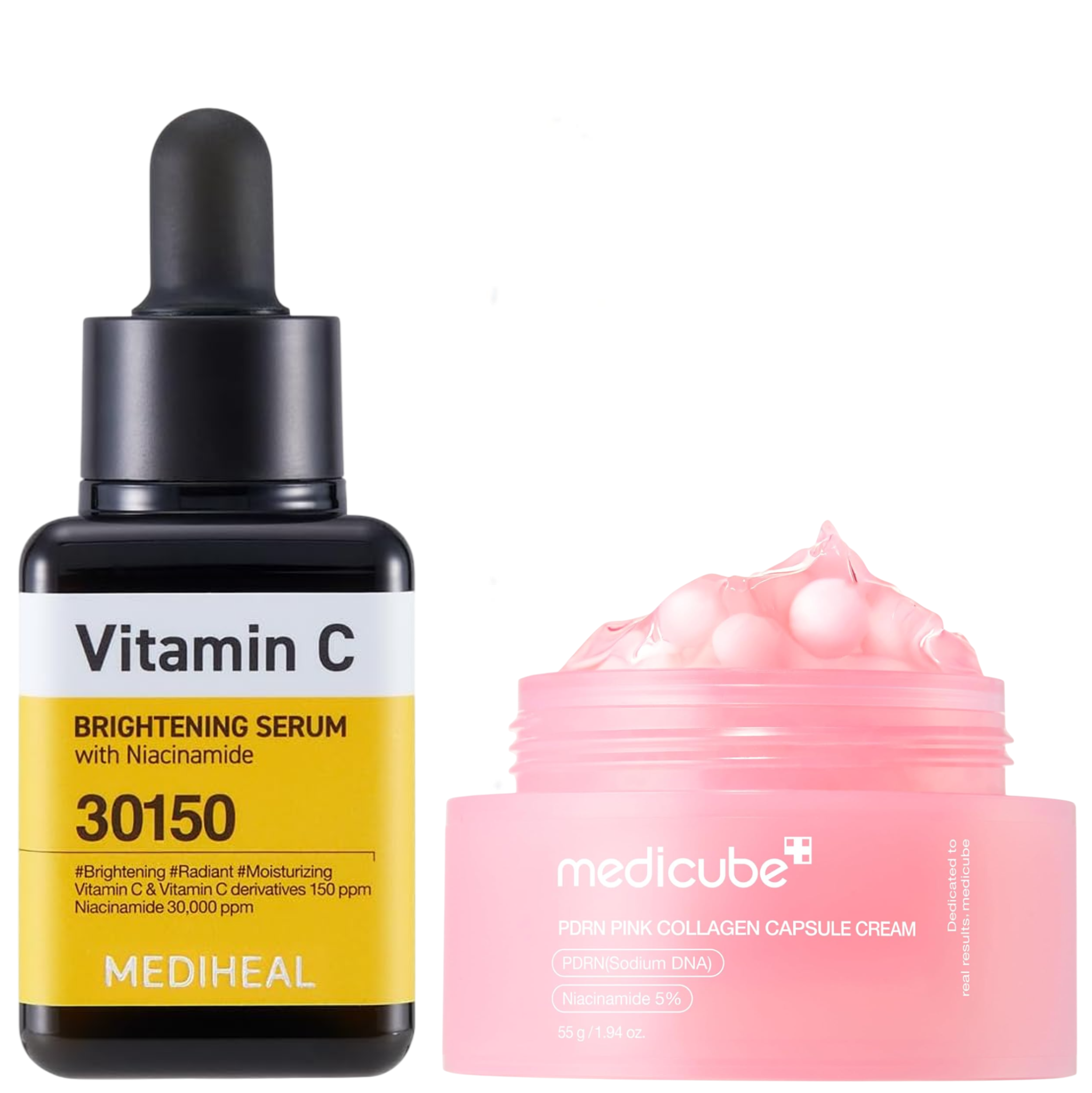 MEDIHEAL Vitamin C Brightening Serum with Niacinamide + Medicube PDRN Pink Collagen Capsule Cream with Niacinamide. Moisturizes, Removes Pigmentation, Dark Spots, Acne Scars, Blackheads, Brightens...