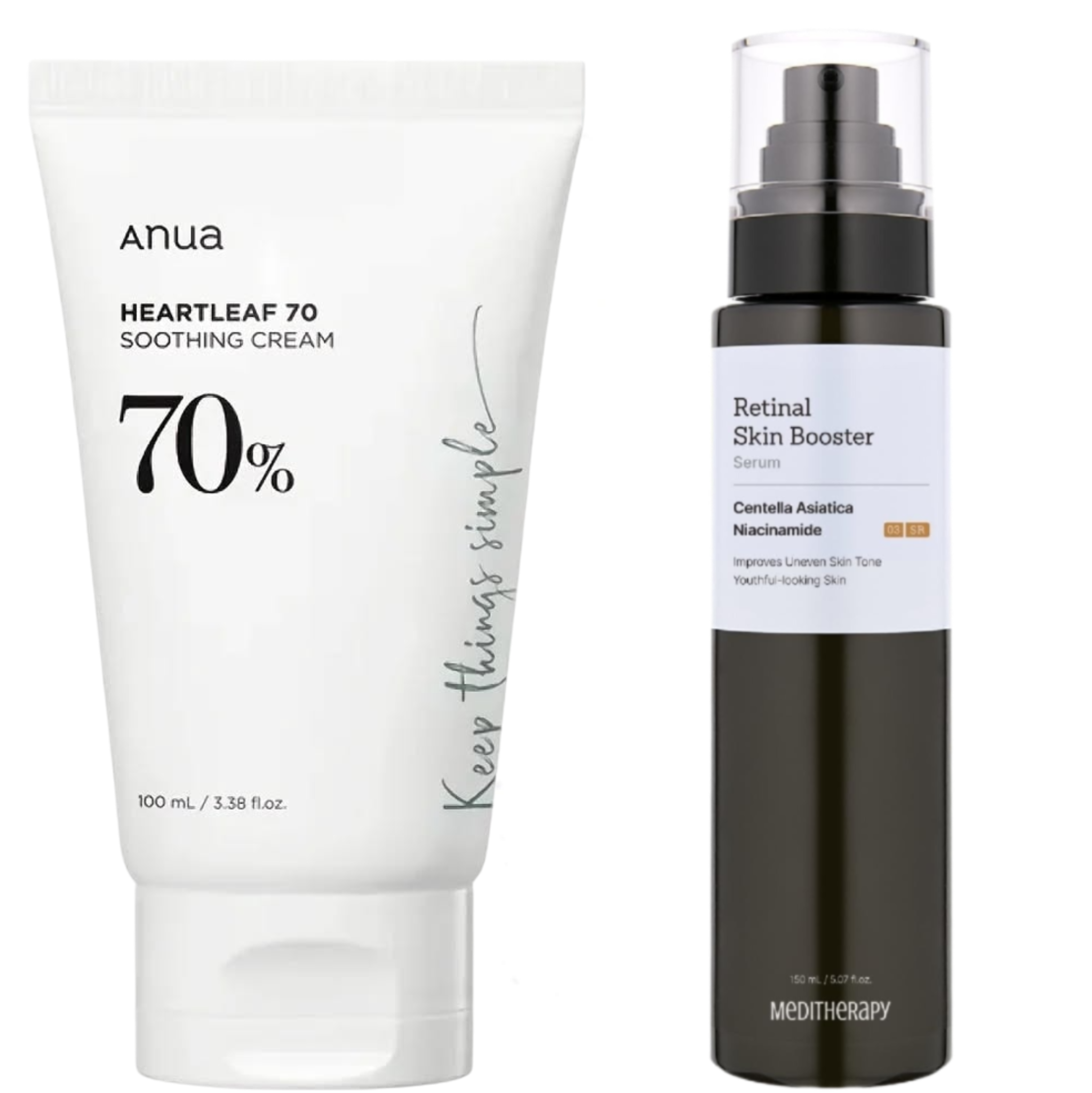 MeDITHeRaPY RETINAL Skin Booster Serum + Anua Heartleaf 70% Face Cream. Moisturizes, Makes skin Young, Removes Wrinkles, Dark Spots, Acne, Give a Glass Skin Glows, Remove skin Sagging, Minimizes Pores