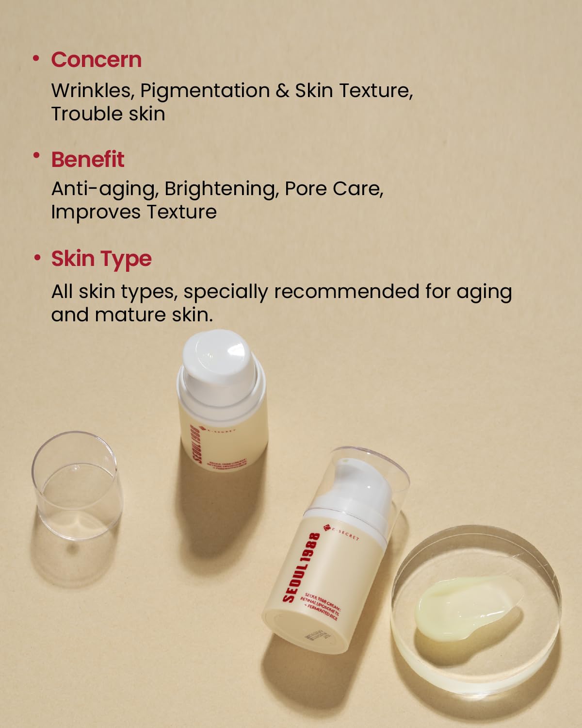 K Secret SEOUL 1988 Face Cream with Retinal Liposome 1% + Fermented Rice. Hydrates, Glows, Brightens, Removes Wrinkles, Pigmentation, Dark Spots, Fine Lines, Minimizes Pores, Smooth, Soften, Evens...