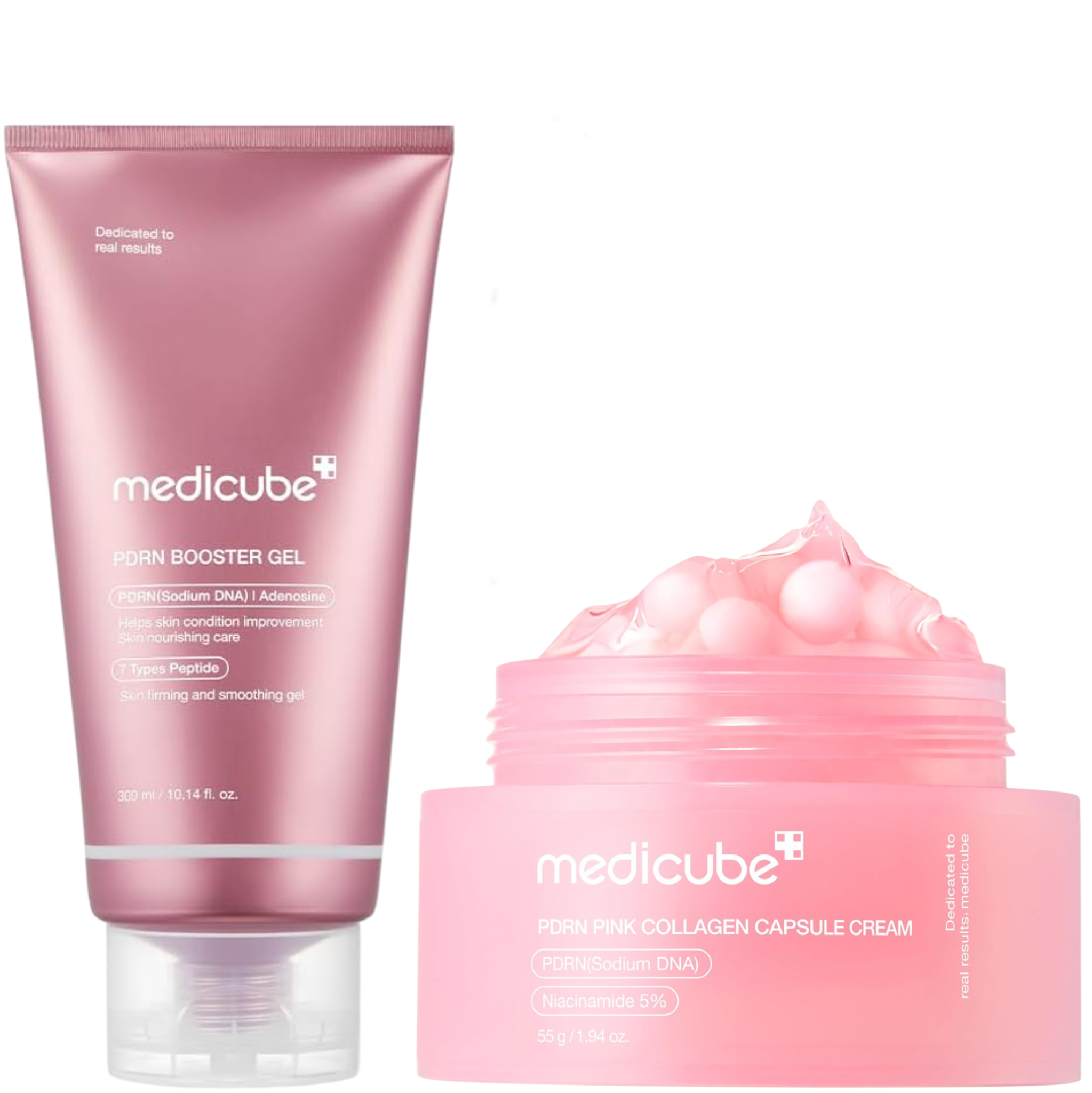 Medicube PDRN Pink Collagen Capsule Cream + PDRN Booster Gel. Moisturizes, Removes Pigmentation, Dark Spots, Acne Scars, Blackheads, Wrinkles, Soothes, Brightens, Firms, Gives a Glass skin glow, Evens