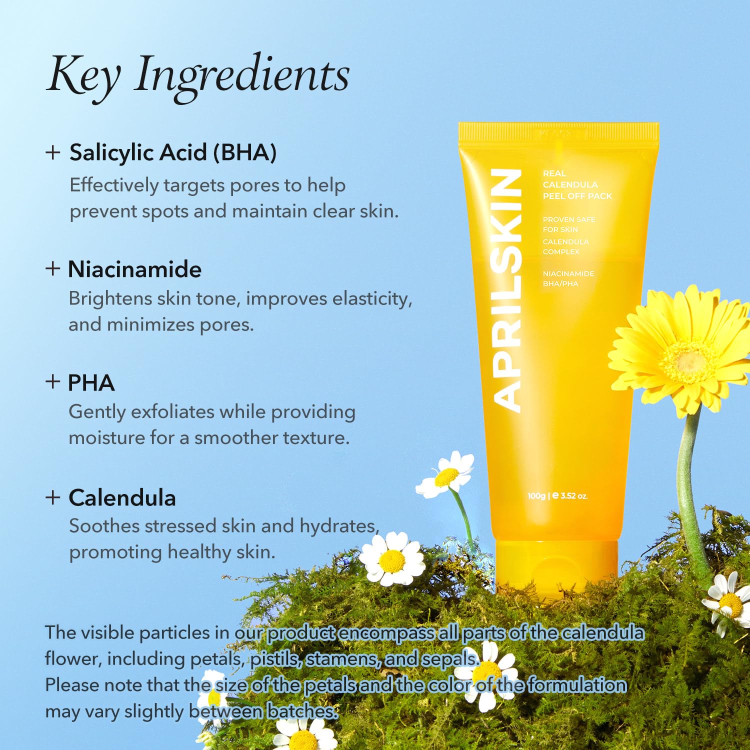 April Skin Real Calendula Peel Off Pack Mask with Niacinamide, BHA/PHA. Glows, Refine texture, Minimizes & Unclogs pores, Removes dead skin cells, blackheads, Puffiness, impurities, excess sebum, oil,
