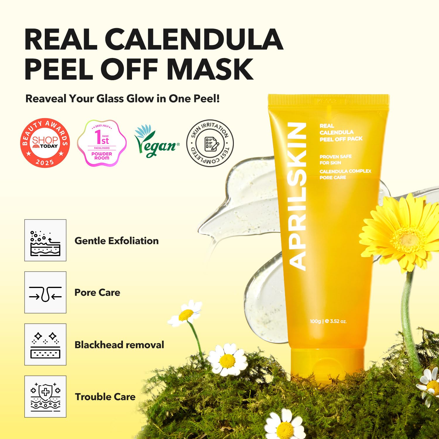 April Skin Real Calendula Peel Off Pack Mask with Niacinamide, BHA/PHA. Glows, Refine texture, Minimizes & Unclogs pores, Removes dead skin cells, blackheads, Puffiness, impurities, excess sebum, oil,