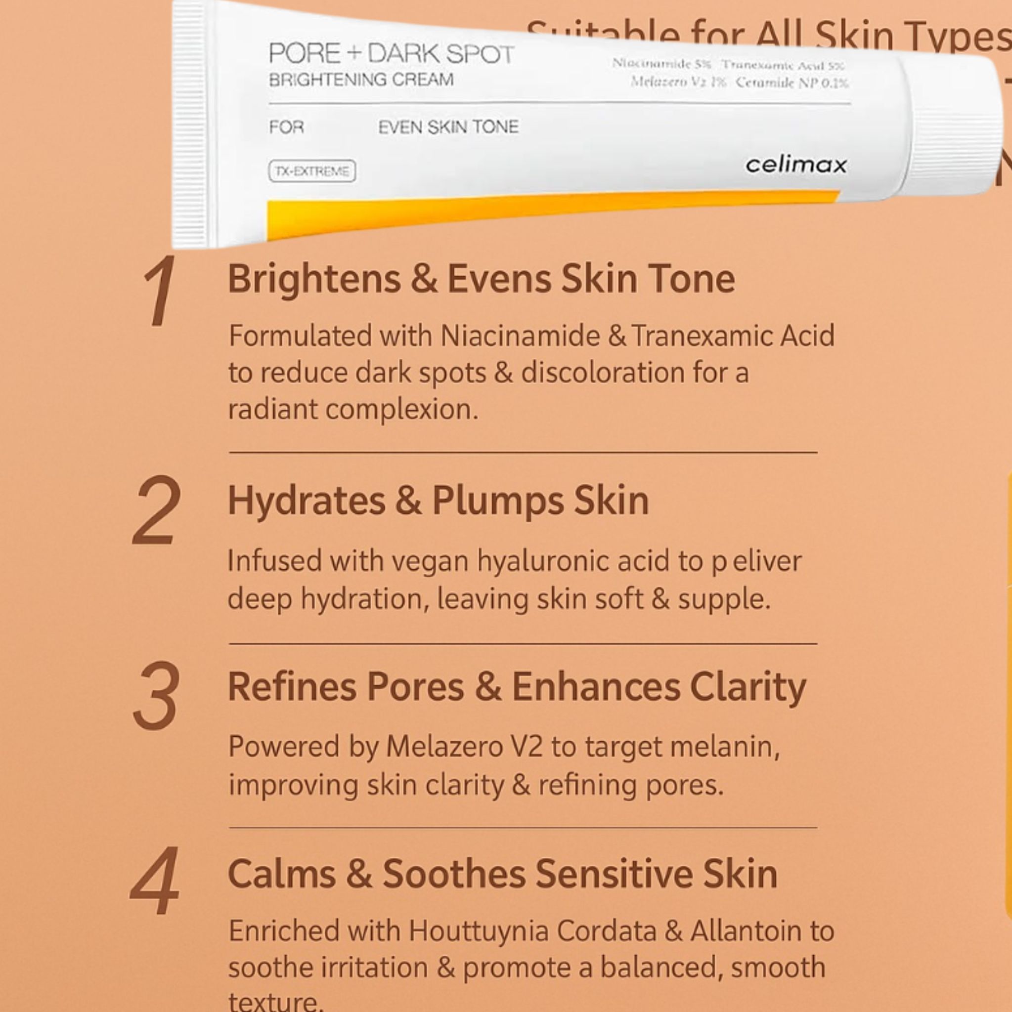 Celimax Pore + Dark Spot Brightening Face Cream with Niacinamide, TXA & Melazero V2. Moisturizes, Brightens, Glows, Removes Dark Spots, Post acne marks, Blemishes, Hyperpigmentation, Minimizes pores..