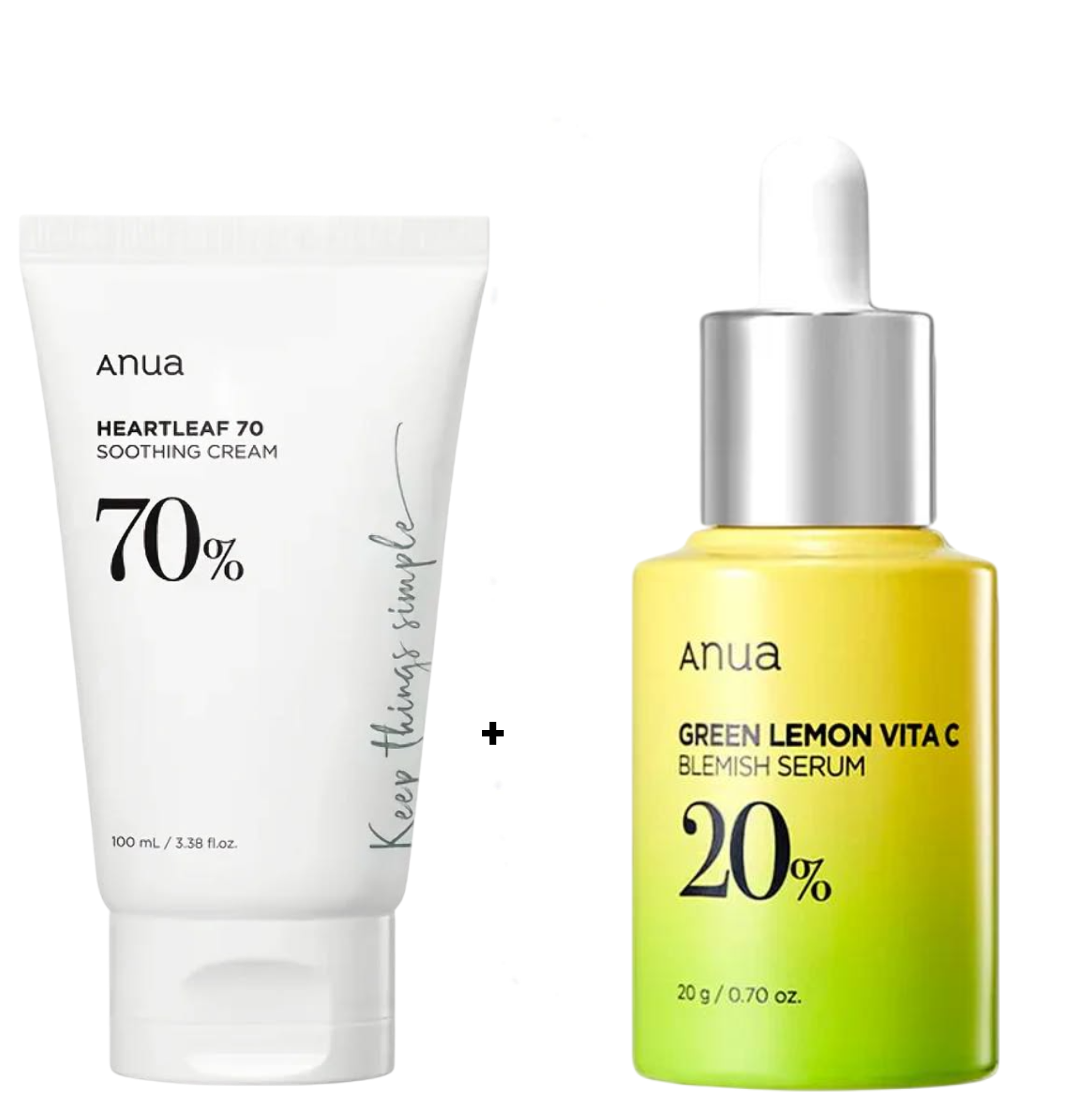 Anua Heartleaf 70% Soothing Cream + Green Lemon Vita C Blemish Serum with Vitamin C. Brightens, Removes Dark Spots, Discolorations, Acne, Wrinkles, Fine Lines, Fades Hyperpigmentation, Moisturizes...
