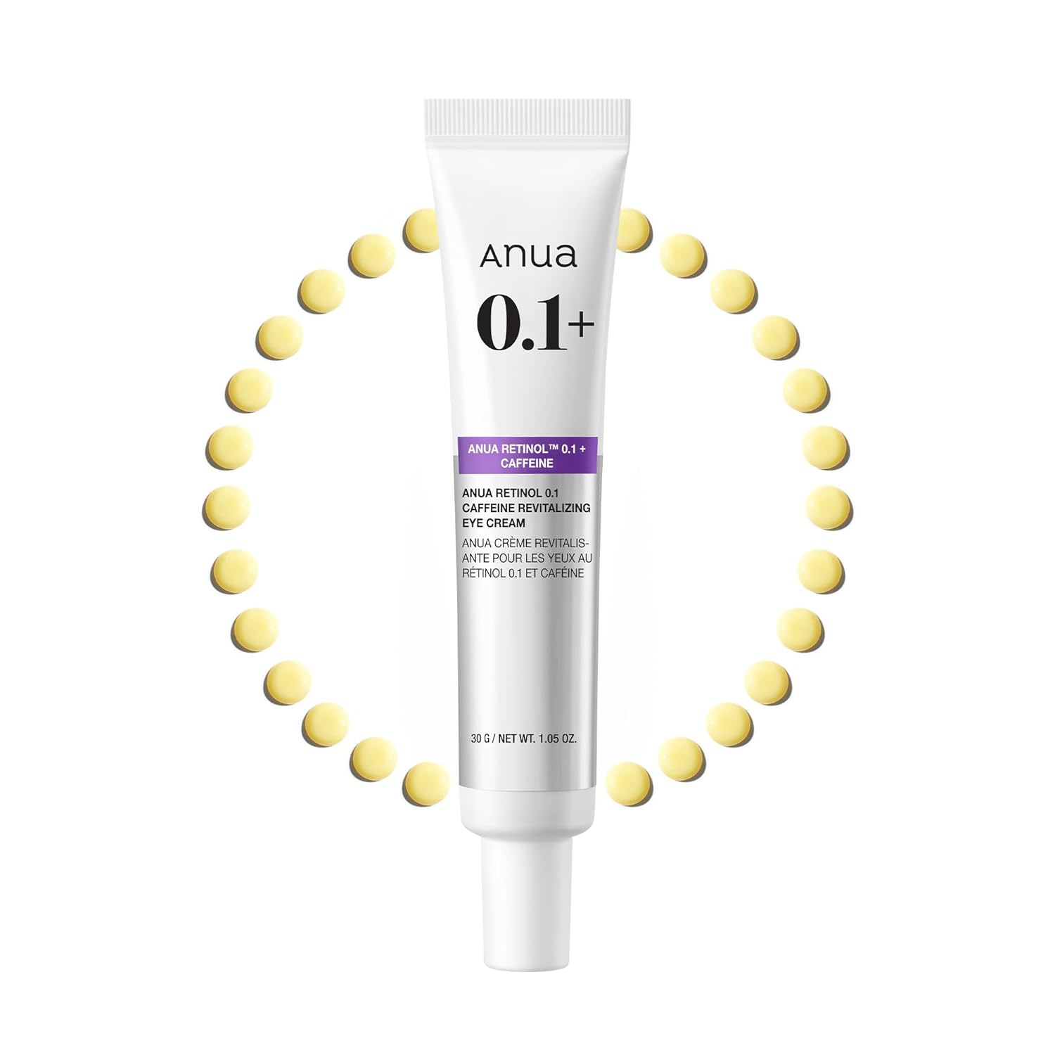Anua Retinol 0.1 + Caffeine Revitalizing Eye Cream. Moisturizes, Removes Eye Shading & Smile lines, Eye Sagging, Dark circles, Eye Wrinkles, Puffiness, Smooths, firm and rejuvenate the eye area