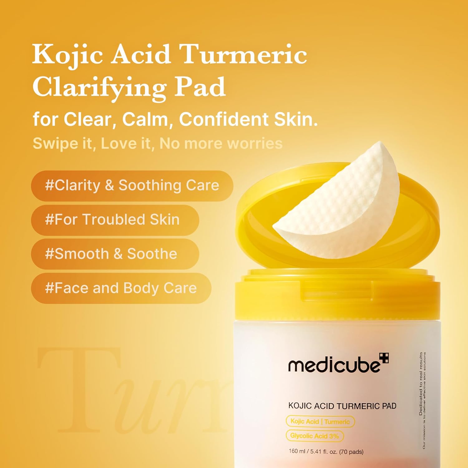 Medicube Kojic Acid Turmeric Pad with Glycolic acid(70 Pads). Glows, Brightens, Removes stubborn dark spots, Built-up dead skin cells, Impurities, Soothes, Even the skin tone, Smooths & Refines Pores
