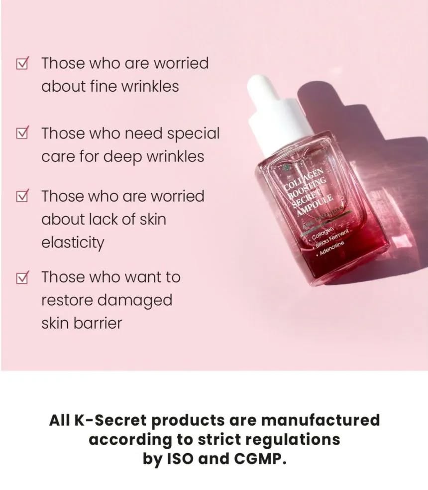 K SECRET Collagen Boosting Secret Ampoule. Moisturizes, Prevent skin aging, Remove wrinkles, Fine lines, Softens, Nourishes, Restore skin barrier, Increase skin elasticity & collagen production & Even