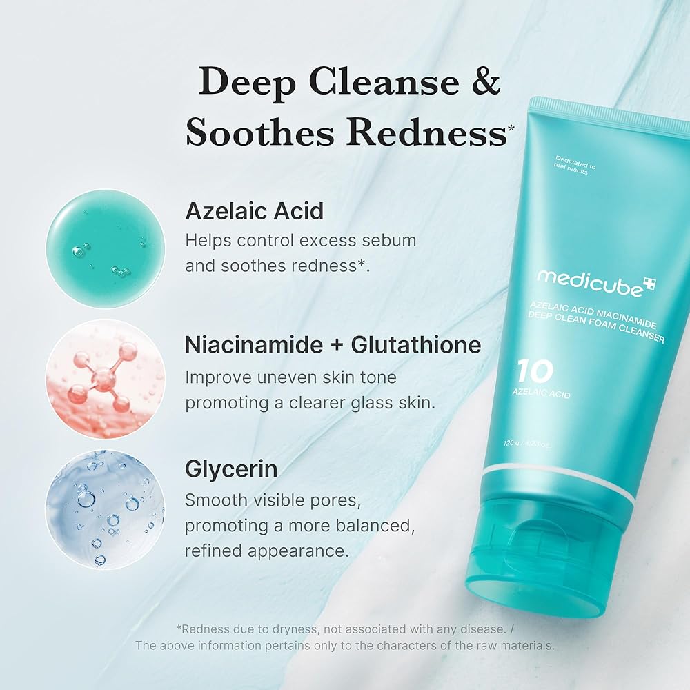 Medicube 10% Azelaic Acid Niacinamide Deep Clean Foam Cleanser with Niacinamide & Glutathione. Deeply cleanses, Clears Acne, Controls Sebum, Give a glass glow, Unclog pores, Soothes, Smooths & Hydrate