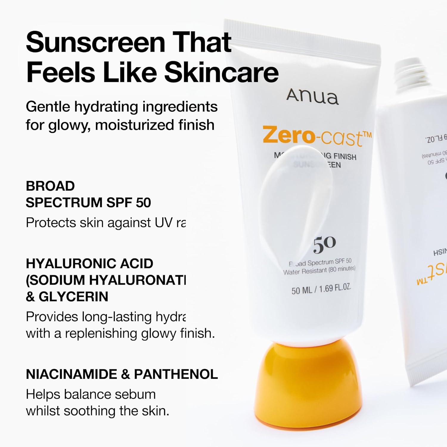 Anua Zero Cast Moisturizing Sunscreen SPF 50. Moisturizes, Shield your skin from harmful UV rays without leaving a white cast, Soothes the skin, Balances sebum, Glows & Is water Resistant