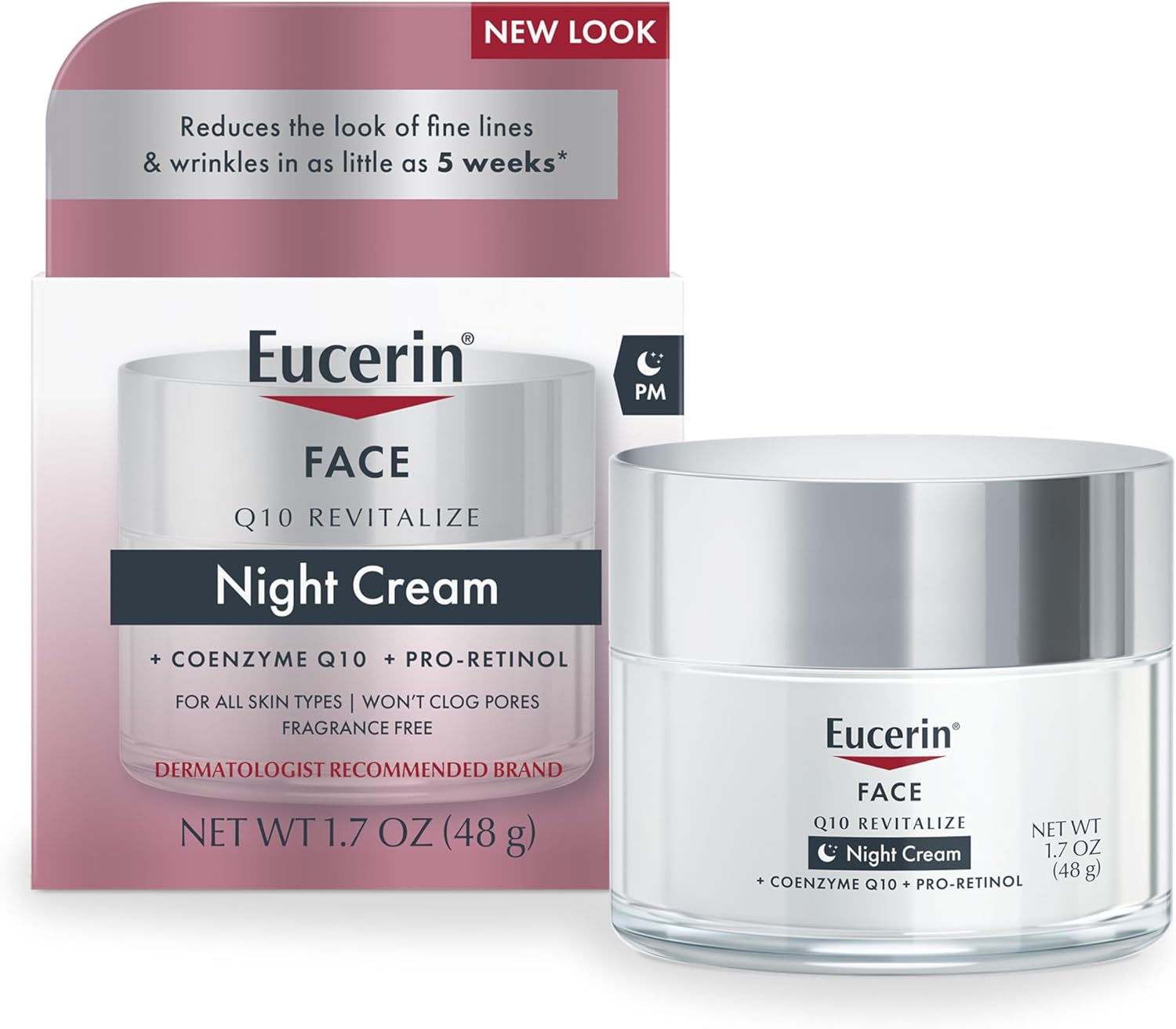 Eucerin, Face, Q10 Revitalize, Night Cream with Pro-Retinol & Co enzyme Q10. Moisturizes, Reduces the Look of Fine Lines & Wrinkles, Renews the skin, Firms the skin, Smooths & Softens the skin.
