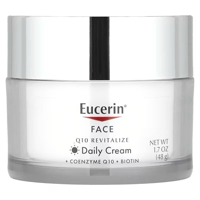 Eucerin Face, Q10 Revitalize Daily Cream with Biotin & Co enzyme Q10. Moisturizes, Reduces the Look of Fine Lines & Wrinkles, Renews the skin, Firms the skin, Smooths & Softens the skin.