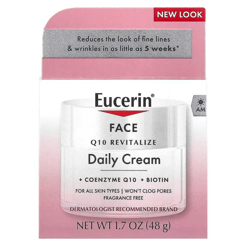 Eucerin Face, Q10 Revitalize Daily Cream with Biotin & Co enzyme Q10. Moisturizes, Reduces the Look of Fine Lines & Wrinkles, Renews the skin, Firms the skin, Smooths & Softens the skin.