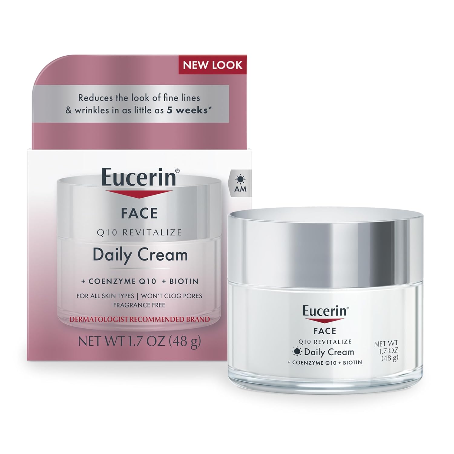Eucerin Face, Q10 Revitalize Daily Cream with Biotin & Co enzyme Q10. Moisturizes, Reduces the Look of Fine Lines & Wrinkles, Renews the skin, Firms the skin, Smooths & Softens the skin.