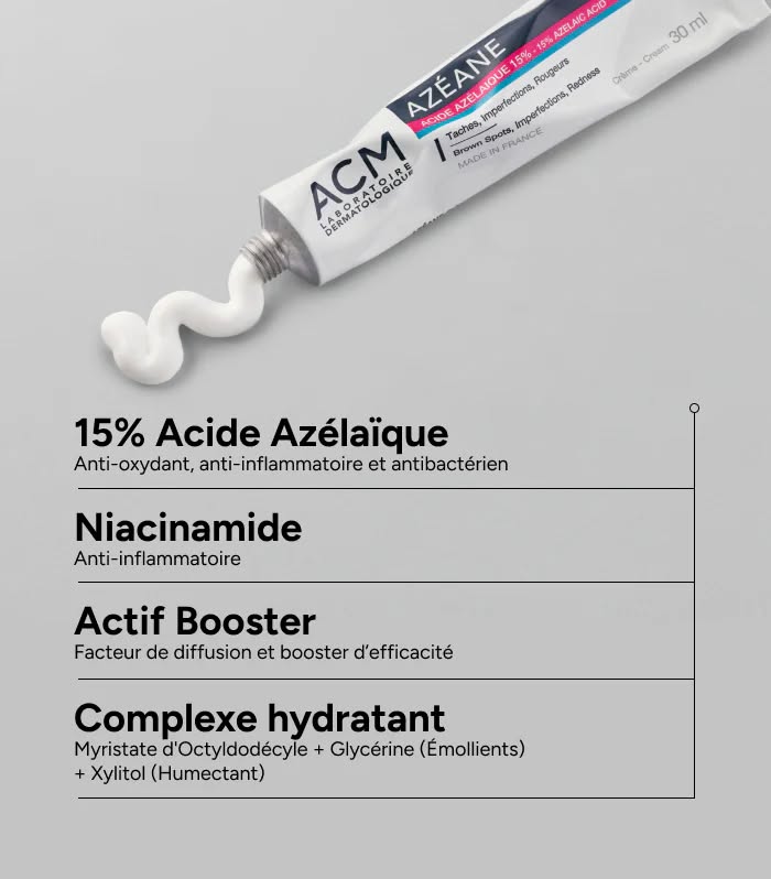 ACM Azeane 15% Azelaic Acid Cream. Removes dark spots, acne, brown spots, marks, imperfections, soothes redness & irritation, brightens, even the skin tone, smooths & softens