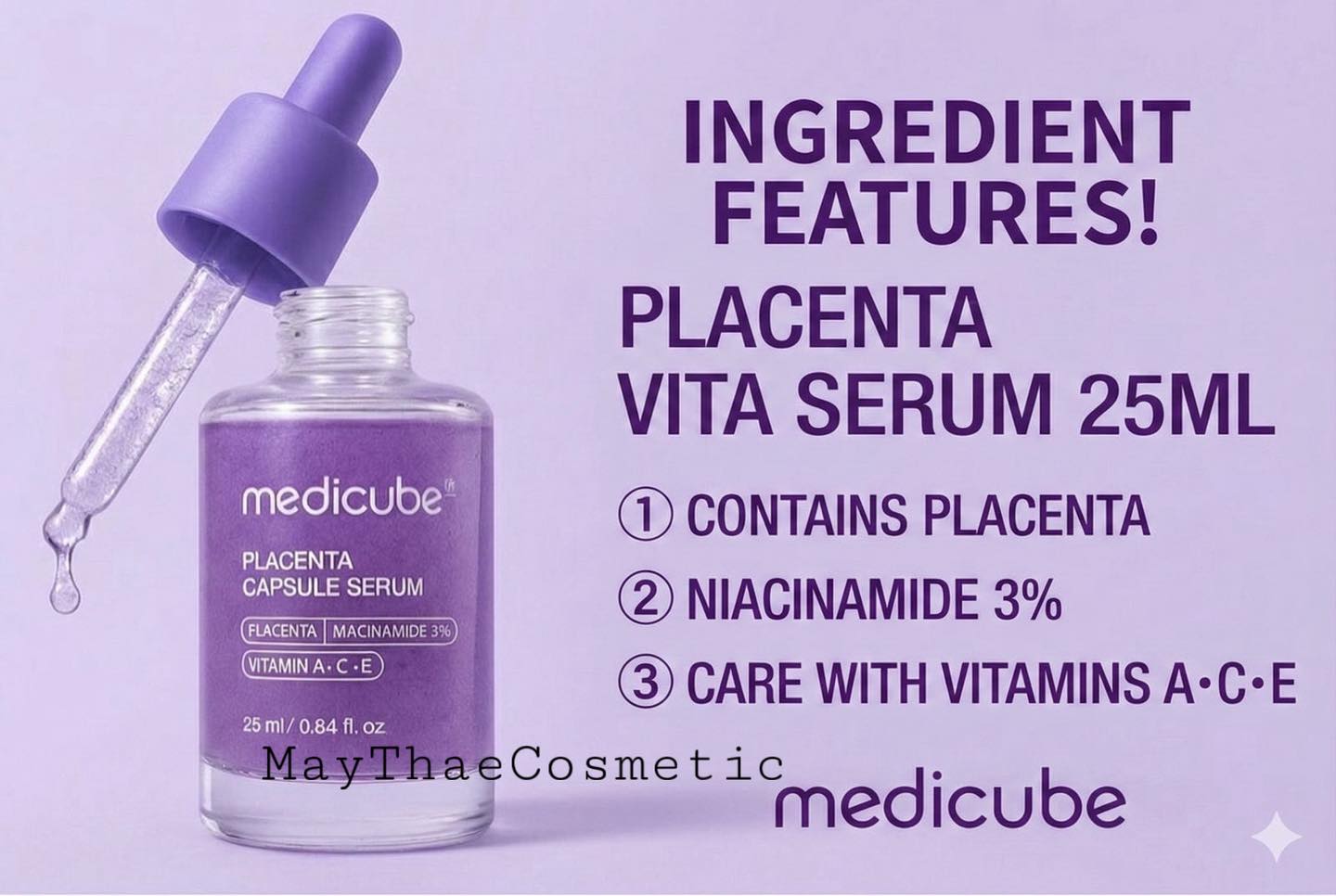 Medicube Placenta capsule serum with Niacinamide, Vitamin C, E & A. Moisturizes, Is anti-aging, Make skin young, Brightens, Glows, Removes Wrinkles, Fine lines, Dark spots, Softens, Smooths & Evens