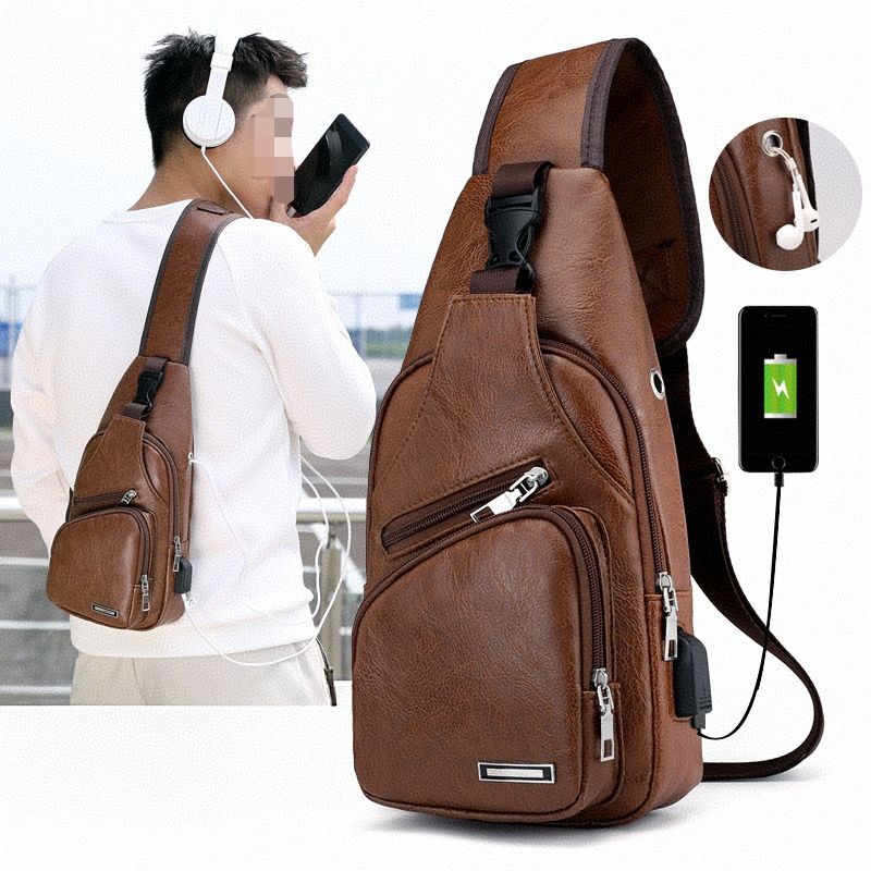 Popular Leisure Fashion One Shoulder Backpack USB Charging Chest Bag PU Men's Chest Bag Business Crossbody Bag