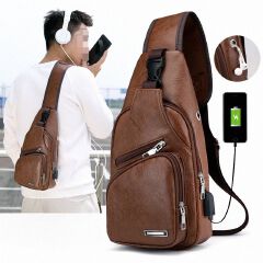 Popular Leisure Fashion One Shoulder Backpack USB Charging Chest Bag PU Men's Chest Bag Business Crossbody Bag