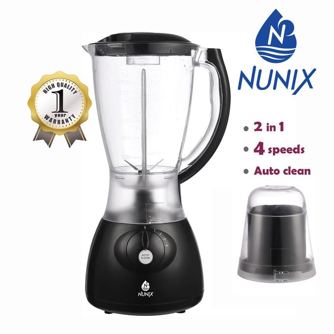 AK 300 Powerful 2 In 1 Nunix Blender With Ubreakable plastic Jar and grinding machine - 1.5L Black Nunix blender