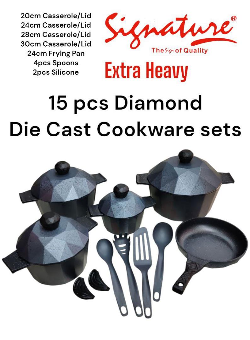 Signature 15Pcs Diamond Die Cast Aluminum Nonstick Cookware Set  consist of Casserole (20cm,24cm, 28cm, 30cm) 24cm frying pan, 4 spoons and 2pcs Silicone