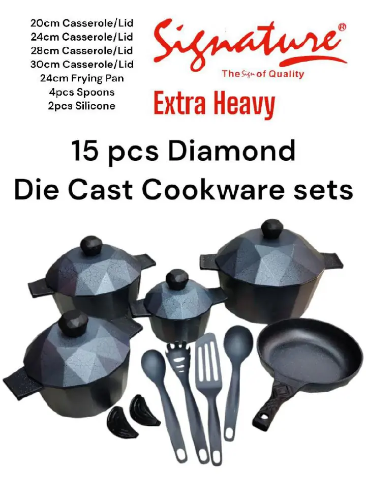 Signature 15Pcs Diamond Die Cast Aluminum Nonstick Cookware Set  consist of Casserole (20cm,24cm, 28cm, 30cm) 24cm frying pan, 4 spoons and 2pcs Silicone