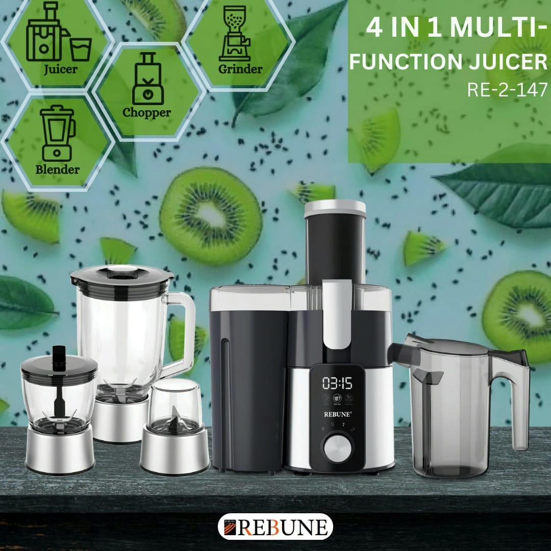 Rebune 4 in 1 Multifunction juicer RE-2-147 with digital display includes blender,Grinder, Chopper and Juicer 1.5L Unbreakable glass jar 800W