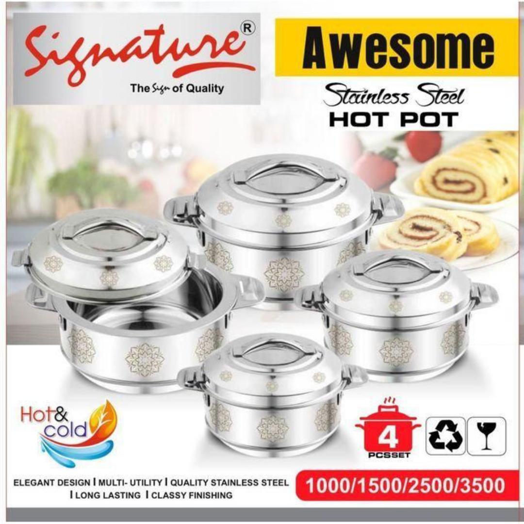 signature Awesome 4pcs stainless steel hotpots with lids 1000ml, 1500ml, 2500ml and 3500ml serving hotpots for hot and cold foods