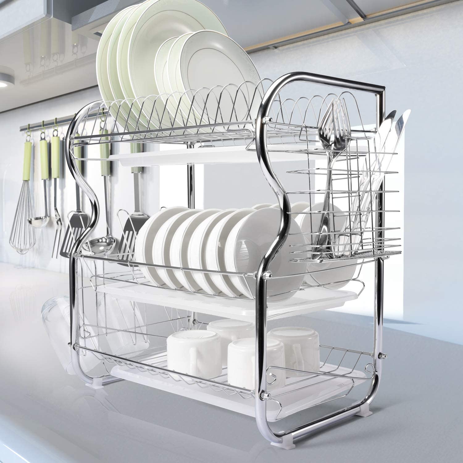 3 Layer Stainless Steel Dish Drainer Drying Rack stainless steel 3 tier dish rack with knives and spoons holder and draining boards
