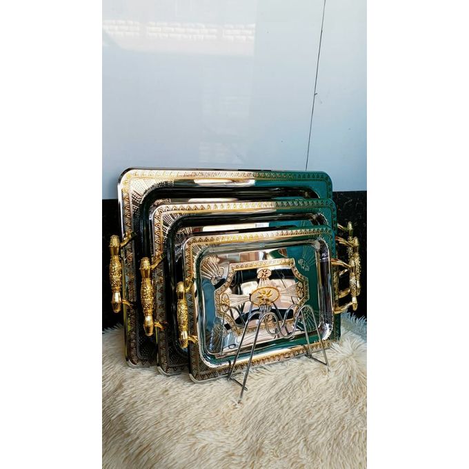 Set Of 3 Serving aluminium Tray With Golden Handles -kitchenware Serving Tray With Golden Handles - Set Of 3