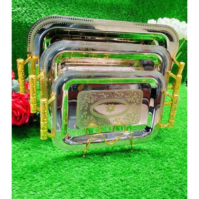 Set Of 3 Serving aluminium Tray With Golden Handles -kitchenware Serving Tray With Golden Handles - Set Of 3