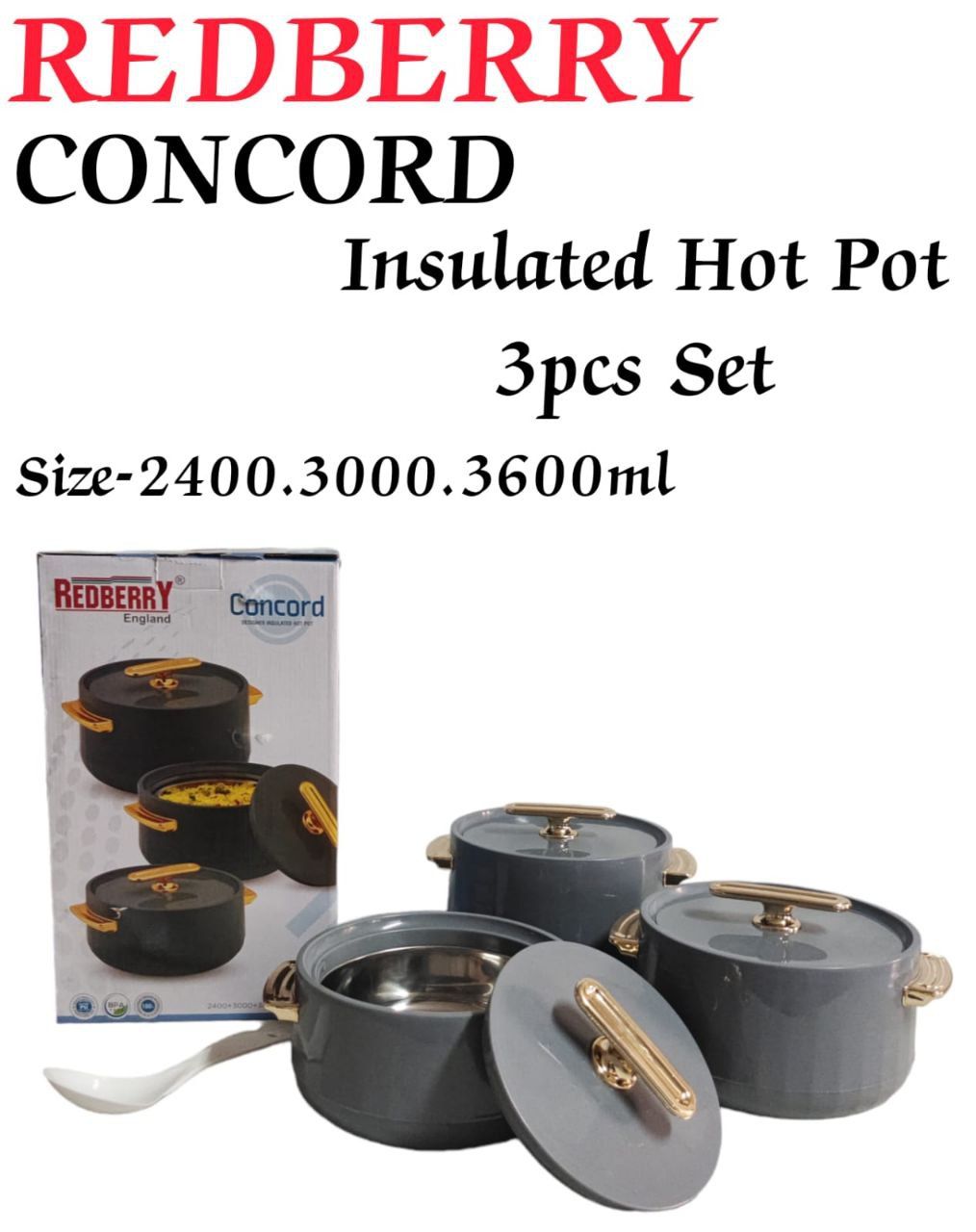 3 pcs stainless steel redberry concord plastic insulated hotpots with lids size 2400ml 3000ml and 3600ml