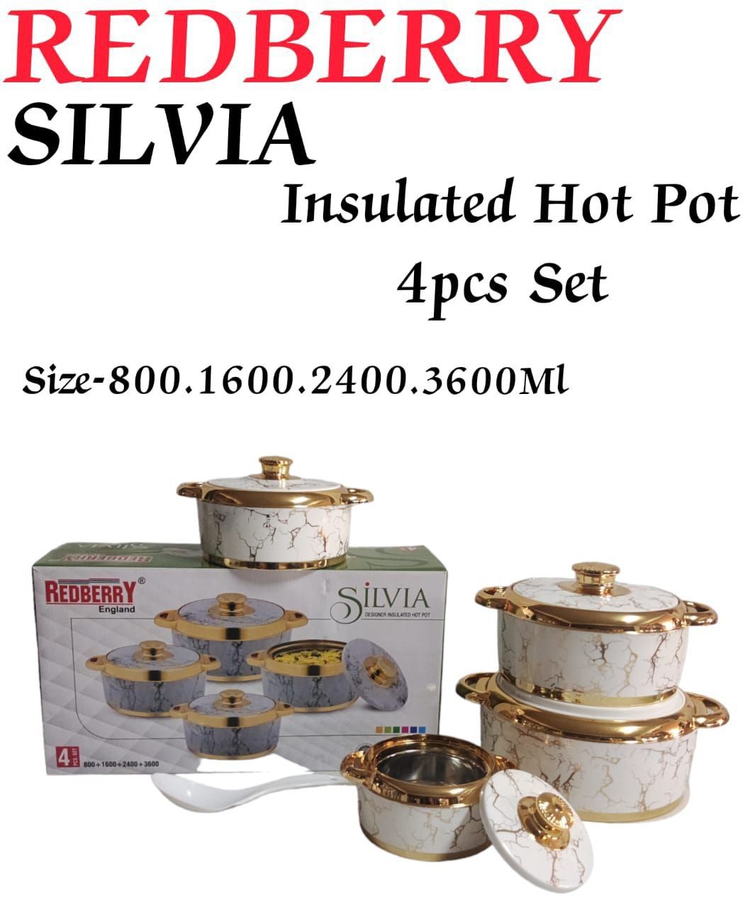 4pcs stainless steel plastic insulated Silvia Redberry hotpots with lids size 800ml 1600ml 2400ml and 3600ml