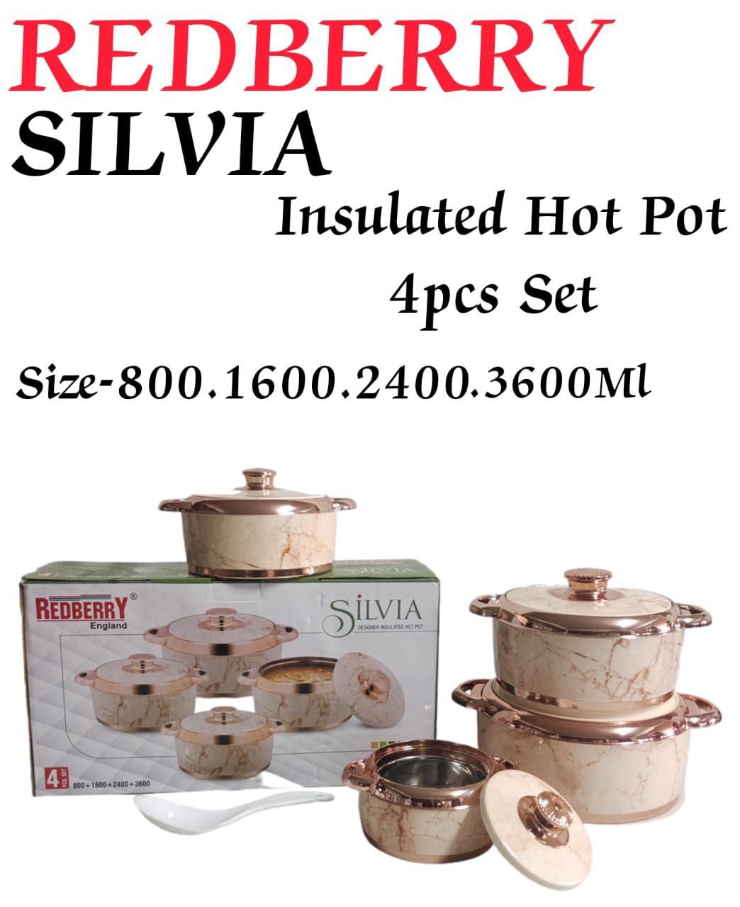 4pcs stainless steel plastic insulated Silvia Redberry hotpots with lids size 800ml 1600ml 2400ml and 3600ml