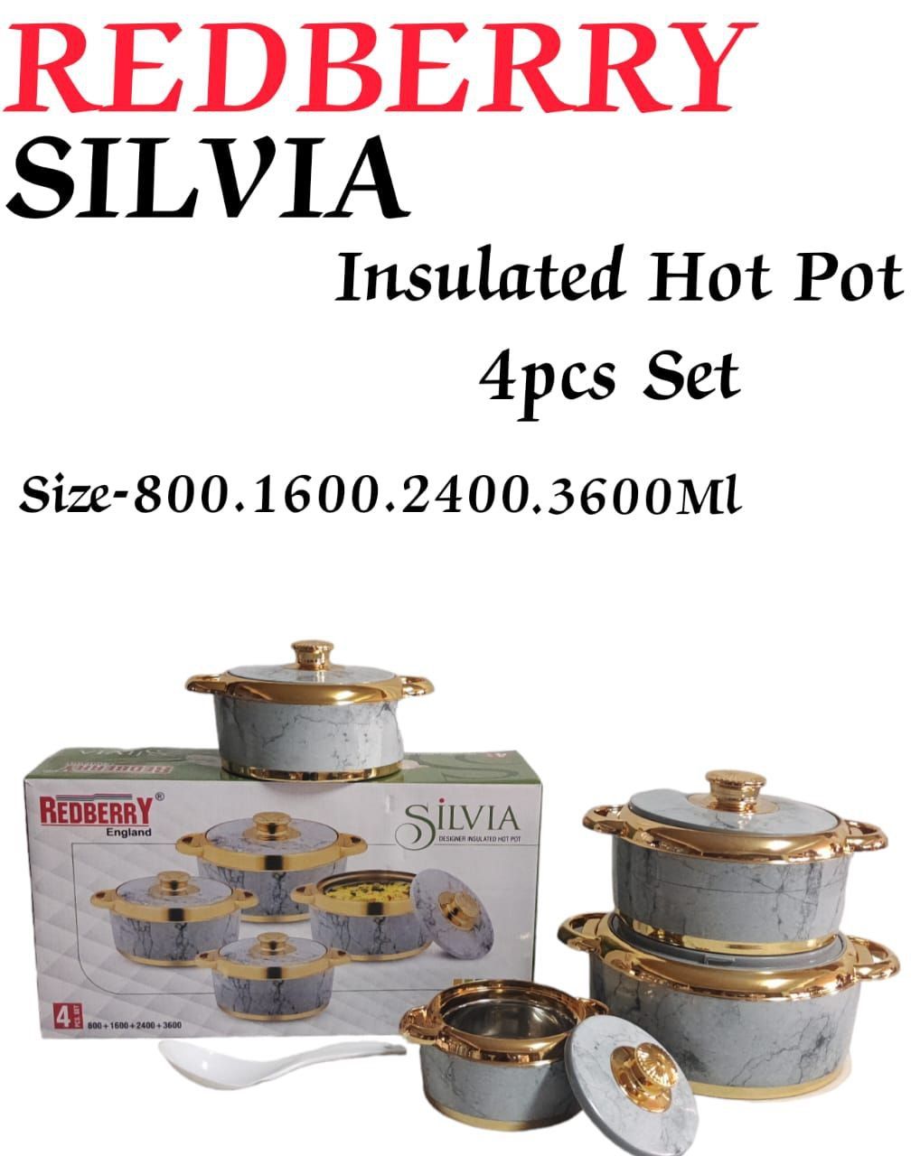 4pcs stainless steel plastic insulated Silvia Redberry hotpots with lids size 800ml 1600ml 2400ml and 3600ml