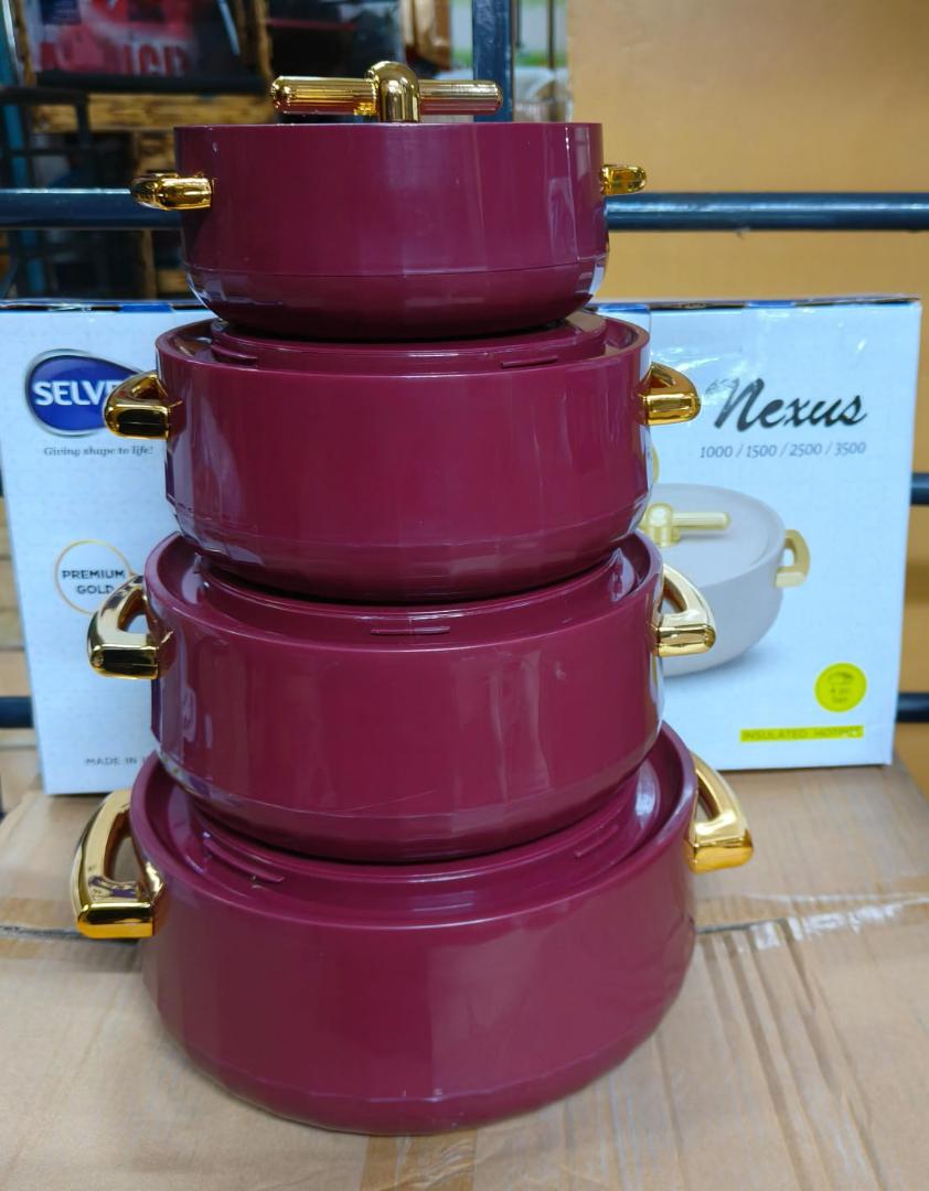 4pcs Selvel Nexus premium Gold Turkish Stainless steel insulated hotpots sizes 1000ml 1500ml  2500ml and 3500ml