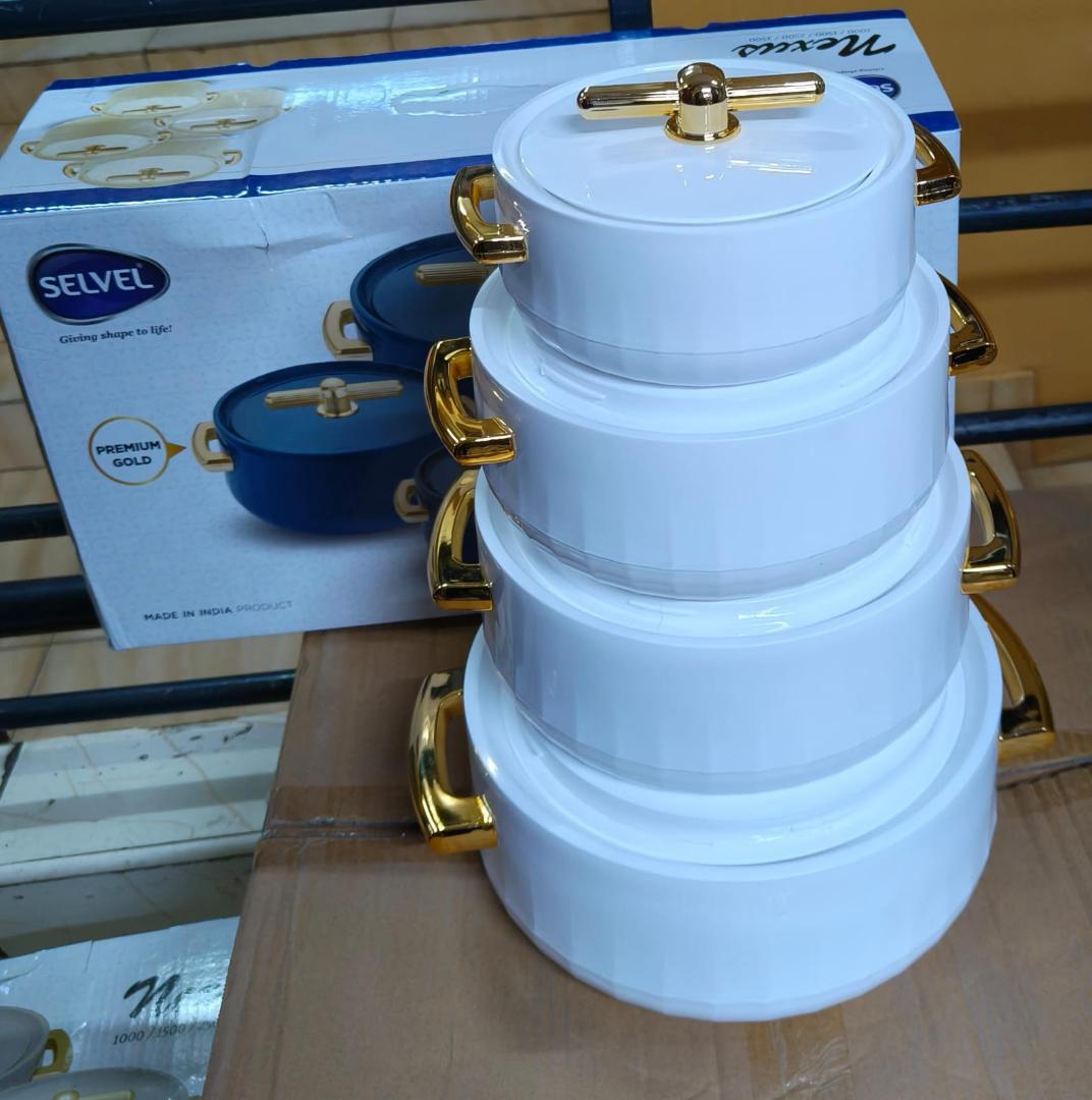 4pcs Selvel Nexus premium Gold Turkish Stainless steel insulated hotpots sizes 1000ml 1500ml  2500ml and 3500ml