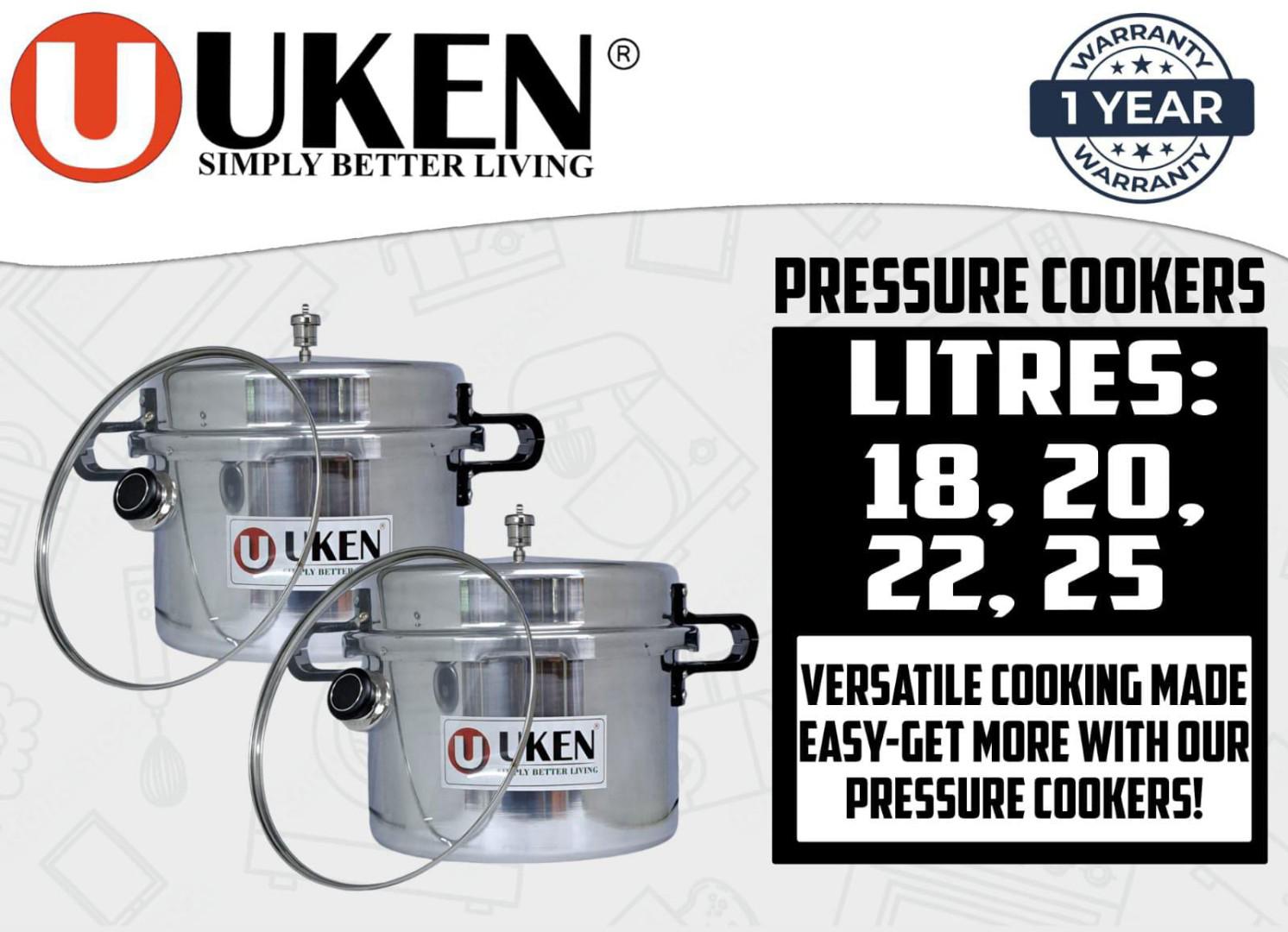 25 Litres Single handle  Uken Premium Aluminium Pressure cooker 25L Heavy Gauge Uken Pressure Cooker with glass lid - Silver