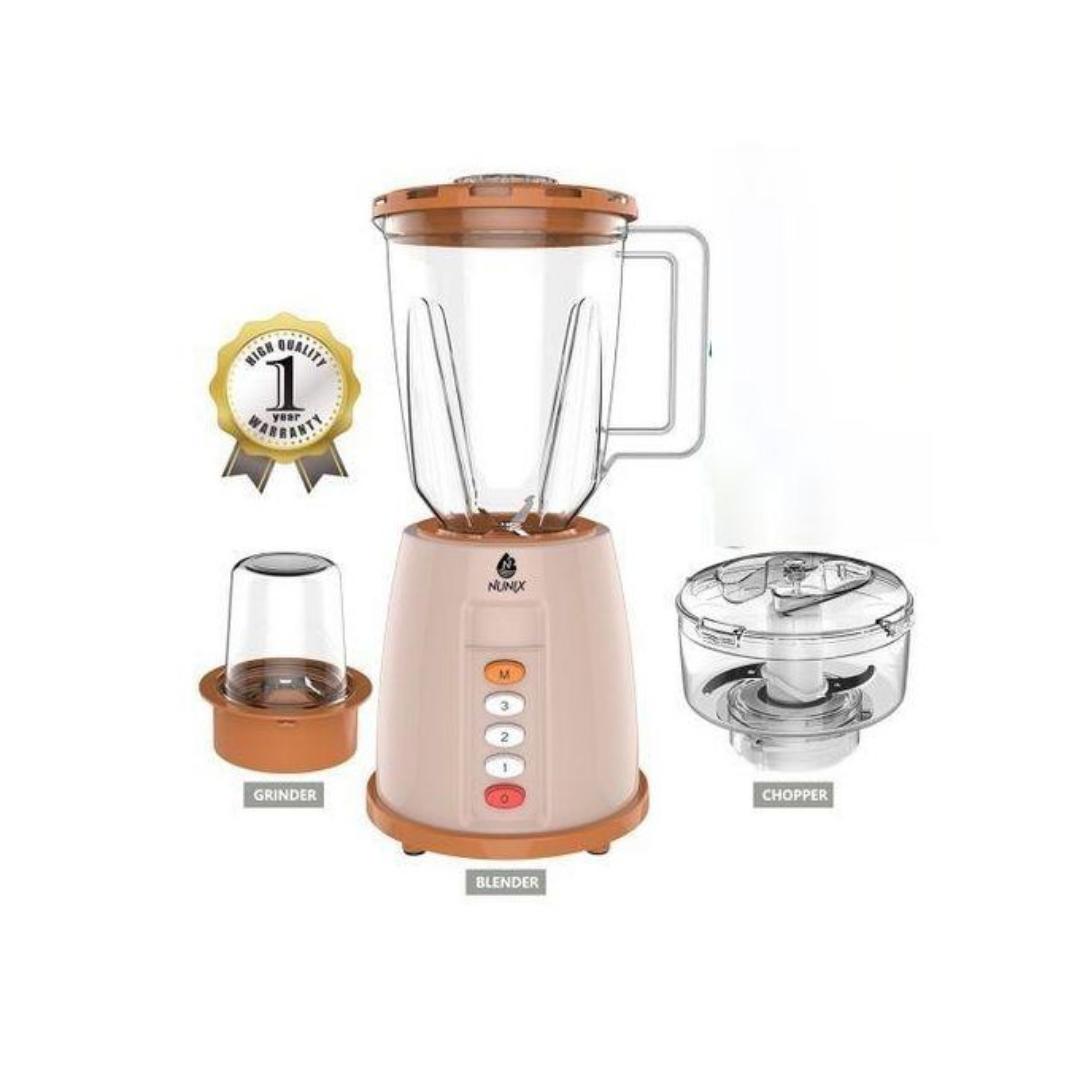 3 In 1 Nunix Blender with Grinder & Chopper Model AK-444 with 1.5L jar 450 watts durable powerful motor high-quality stainless steel blades  safety lock features and automatic overheating protection