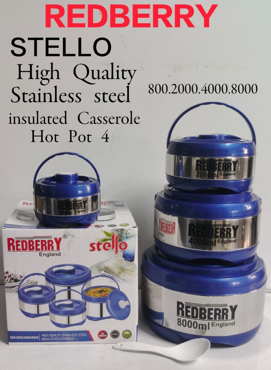 Redberry Stello hotpots 4pcs set stainless steel insulated casserole Redberry Stello Hotpots with lids 800ml 2000ml 4000ml and 8000ml sizes