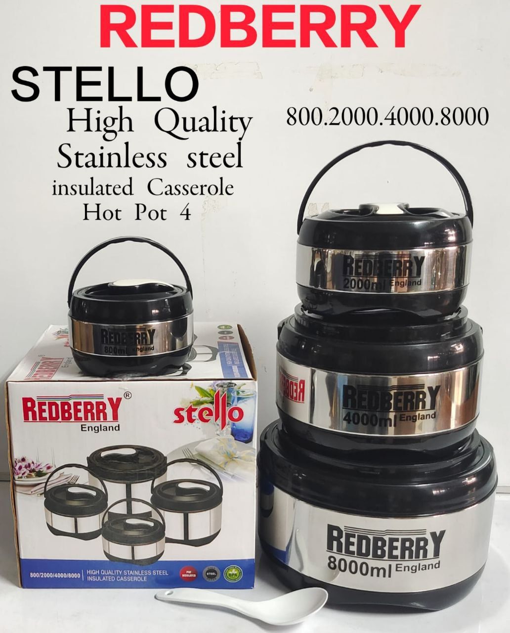 Redberry Stello hotpots 4pcs set stainless steel insulated casserole Redberry Stello Hotpots with lids 800ml 2000ml 4000ml and 8000ml sizes
