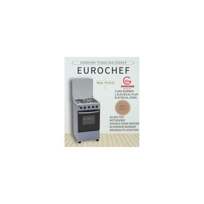 Eurochef Standing Cooker / 3G1E+E OVEN Free Stand Glass Top Cooker,rotisserie Silver, 60L electric oven With Timer Eurochef 3+1 standing gas Cooker 3 Gas Burners 1 electric Hot Plate