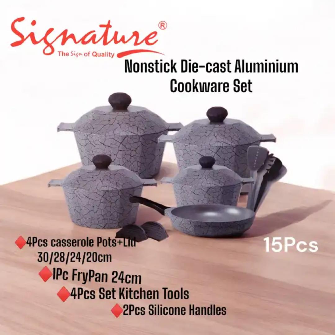 Signature 15Pcs Diamond Die Cast Aluminum Nonstick Cookware Set  consist of Casserole (20cm,24cm, 28cm, 30cm) 24cm frying pan, 4 spoons and 2pcs Silicone